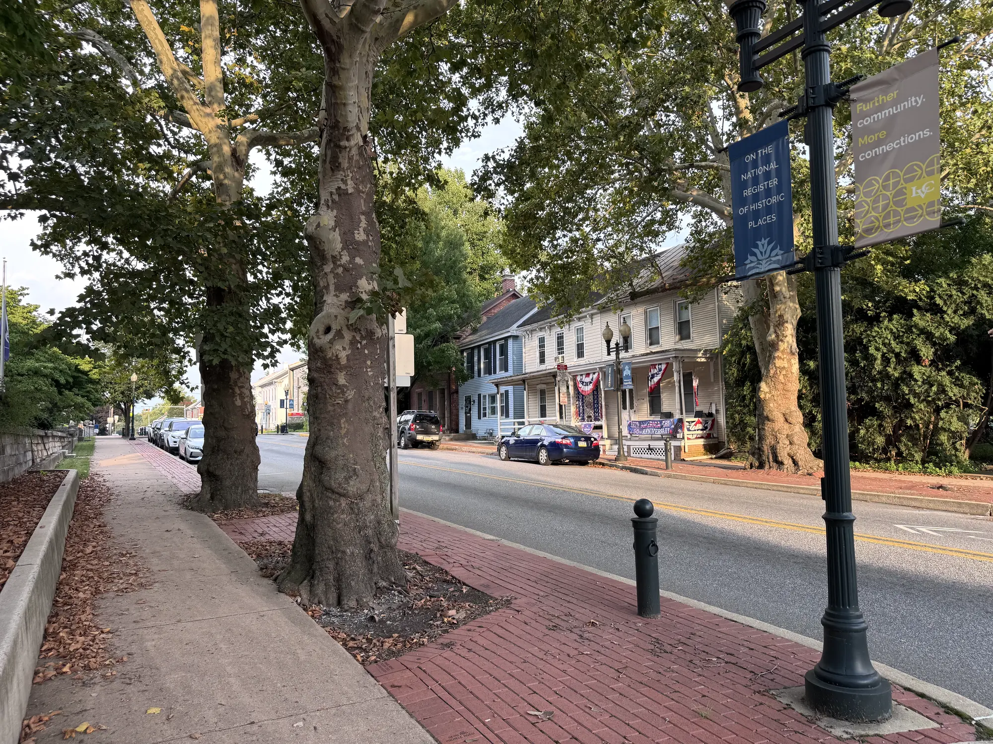 Tree-lined sidewalk and local shops in downtown Annville, Pennsylvania